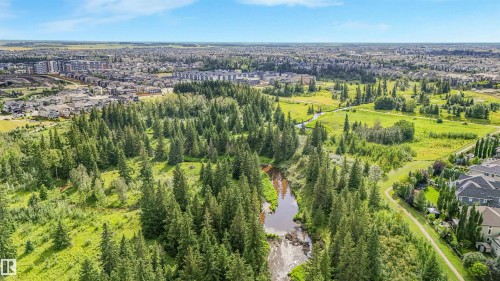 Expansive natural landscape featuring a winding waterway, mature evergreen trees, open green spaces, and surrounding residential areas - 203 Cavanagh Common Sw, Edmonton, AB - Outdoor With View