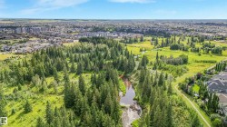 Expansive natural landscape featuring a winding waterway, mature evergreen trees, open green spaces, and surrounding residential areas - 