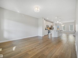 Wood-finish flooring, recessed lighting, kitchen island with pendant lights, white cabinetry, and stainless steel appliances - 
