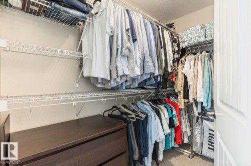 Walk-in closet featuring built-in wire shelving, multiple hanging rods, and a dark wood-finish dresser - 22 Voleta Crest, Spruce Grove, AB - Indoor With Storage