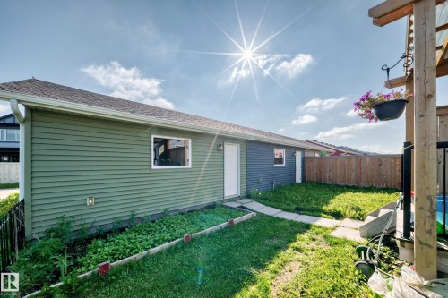 Green horizontal siding, white trim windows, white exterior door, concrete walkway, and a partial wood fence - 1929 24 Street Nw, Edmonton, AB - Outdoor With Exterior