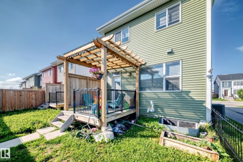 Rear deck with a wooden pergola, black metal railings, and a privacy fence - 1929 24 Street Nw, Edmonton, AB - Outdoor With Deck Patio Veranda