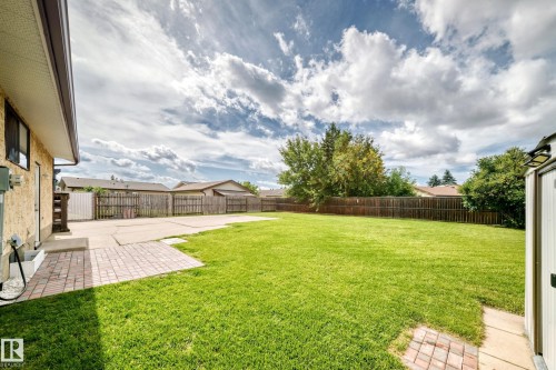 Expansive lawn area with a paved patio, bordered by a wood fence, and mature trees - 16808 100 Street Nw, Edmonton, AB - Outdoor