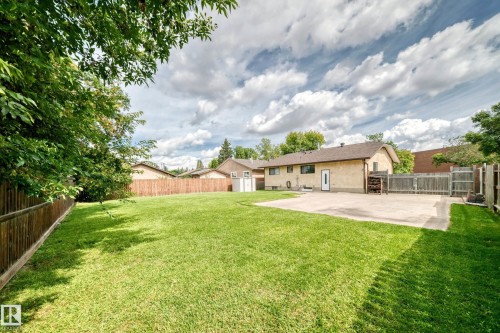 Expansive lawn area with a concrete patio, wood fencing, and mature trees - 16808 100 Street Nw, Edmonton, AB - Outdoor
