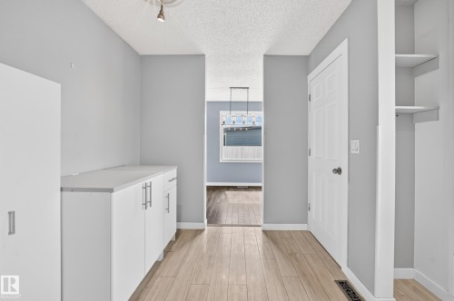 Light wood-finish flooring with white cabinetry featuring silver-tone hardware - 16808 100 Street Nw, Edmonton, AB - Indoor Photo Showing Other Room