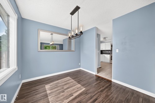 Wood-finish flooring, overhead lighting fixture, and a framed wall mirror - 16808 100 Street Nw, Edmonton, AB - Indoor Photo Showing Other Room