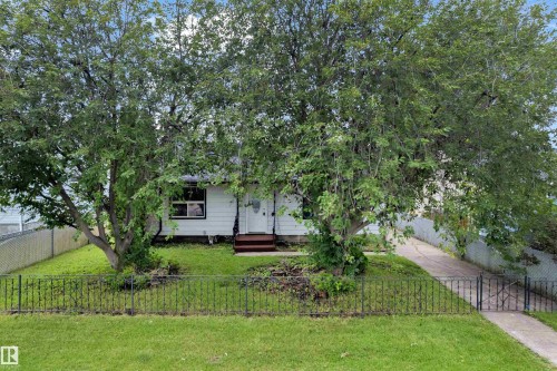 White-sided exterior with mature front yard trees providing natural shade - 9416 153 Street Nw, Edmonton, AB - Outdoor