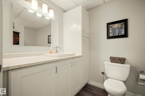 Modern bathroom featuring a spacious vanity with an undermount sink, generous countertop workspace, and integrated mirror with overhead lighting - 4013 Blackbird Link Nw, Edmonton, AB - Indoor Photo Showing Bathroom
