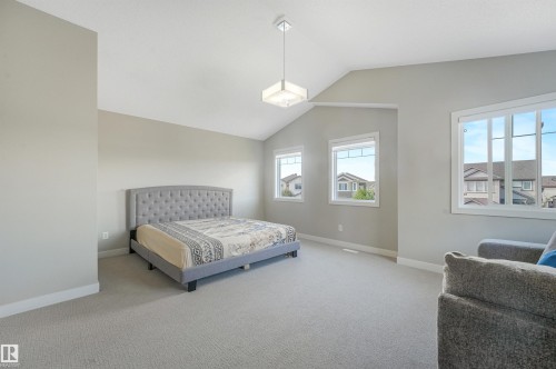 Spacious primary bedroom with tufted upholstered bed frame, pendant lighting fixture, and expansive windows offering natural light - 3359 13 Avenue Nw, Edmonton, AB 