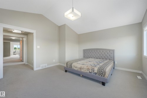 Vaulted ceiling with a square flush mount light fixture, neutral grey carpeting, and white window trim - 3359 13 Avenue Nw, Edmonton, AB 