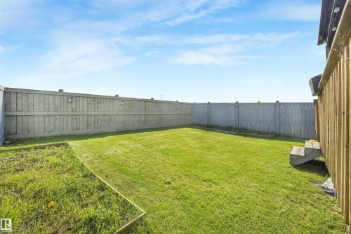 Expansive backyard featuring a manicured lawn, full perimeter fencing, and exterior wall-mounted lighting - 3359 13 Avenue Nw, Edmonton, AB 