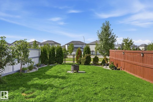 Expansive backyard featuring a lush lawn, privacy fencing, mature trees, and a dedicated fire pit area - 944 Morris Way, Leduc, AB - Outdoor