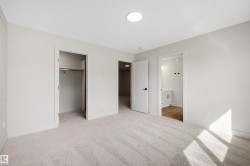 Wall-to-wall carpeting with light-toned walls, a built-in closet with shelving, and a round flush-mount ceiling light - 