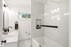 Modern bathroom featuring a dual vanity with undermount sinks, marble-patterned countertops, and matte black fixtures - 