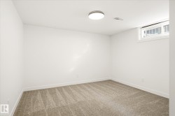 Bright room featuring neutral wall finishes and patterned carpeting - 