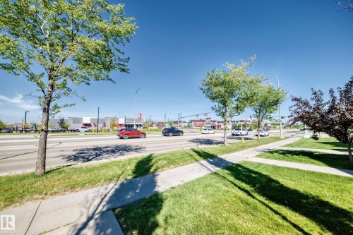 Manicured lawn with mature shade trees and concrete walkway, fronting a commercial corridor with convenient retail and service access - #75 2803 James Mowatt Tr Sw, Edmonton, AB 