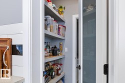 Walk-in pantry with multiple built-in shelves and a white interior door - 
