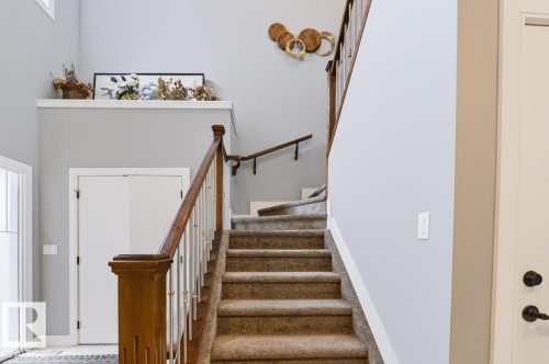 Carpeted staircase with wood newel post and railings, white balusters, and a wall-mounted handrail - 527 Merlin Landing Nw, Edmonton, AB - Indoor Photo Showing Other Room