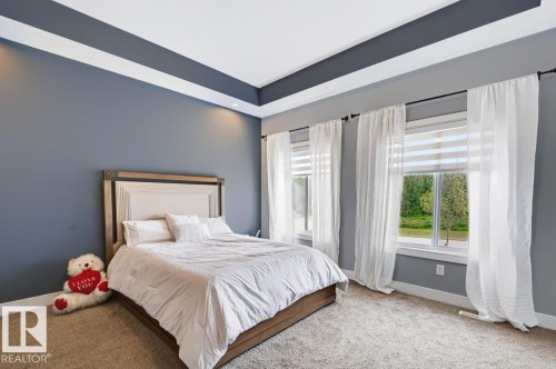 Tray ceiling with accent paint, recessed lighting, and multiple windows with roller shades - 527 Merlin Landing Nw, Edmonton, AB - Indoor Photo Showing Bedroom