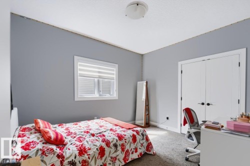 Window with horizontal blinds, built-in closet with double doors, overhead flush-mount lighting, and carpeted flooring - 527 Merlin Landing Nw, Edmonton, AB - Indoor Photo Showing Bedroom