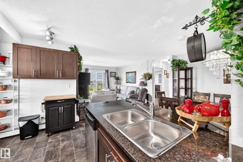 Open-concept kitchen with dark cabinetry, granite-style countertops, and a double stainless steel sink - #401 5390 Chappelle Rd Sw, Edmonton, AB 