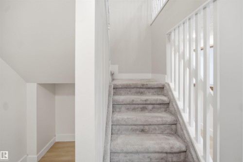 Carpeted staircase with white balusters, leading to an upper level - 3515 20 Ave Nw, Edmonton, AB - Indoor Photo Showing Other Room