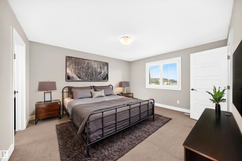 Carpeted room with a ceiling-mounted light fixture, a window with plantation shutters, and a white paneled door - 4212 Charles Close Sw, Edmonton, AB - Indoor Photo Showing Bedroom