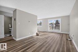 Spacious interior featuring wood-finish flooring, light grey wall paint, and white trim - 