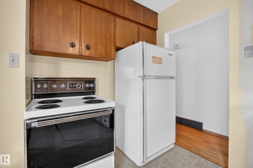 Wood-finish cabinetry, white refrigerator, white electric range, and light-colored wall paint - 16009 93A Avenue Nw, Edmonton, AB - Indoor Photo Showing Kitchen