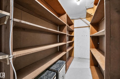 Extensive wooden shelving providing ample storage, overhead lighting, and a durable flooring surface - 16009 93A Avenue Nw, Edmonton, AB - Indoor