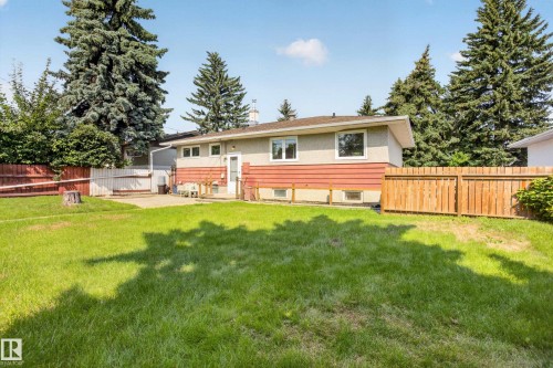 Expansive green lawn, mature perimeter trees, and a wooden privacy fence - 16009 93A Avenue Nw, Edmonton, AB - Outdoor