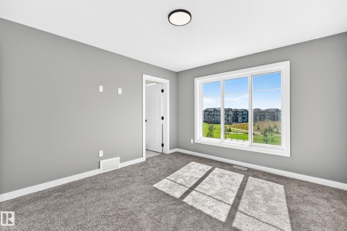 Gray wall finish, white trim, gray carpeting, flush-mount ceiling light, and a large multi-pane window - 426 Crystal Creek Link, Leduc, AB - Indoor Photo Showing Other Room