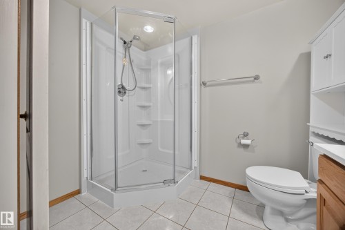Enclosed corner shower with glass surround, tiled flooring, built-in storage cabinetry, and chrome fixtures - 3640 31 Street Nw, Edmonton, AB - Indoor Photo Showing Bathroom