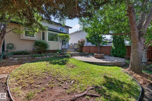 Expansive backyard featuring a stone paver patio, a built-in fire pit, mature trees, and a terraced garden area - 3640 31 Street Nw, Edmonton, AB - Outdoor