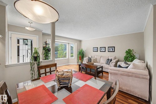 Bright open-concept living and dining area featuring hardwood flooring, a geometric area rug, and abundant natural light from multiple windows - 193 Kiniski Crescent Nw, Edmonton, AB - Indoor Photo Showing Living Room