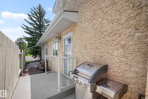 Textured exterior siding with an elevated deck featuring a glass and aluminum railing - 193 Kiniski Crescent Nw, Edmonton, AB - Outdoor
