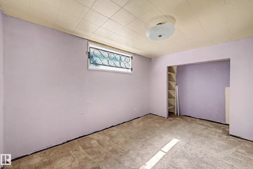 Recessed open shelving, overhead ceiling light fixture, and a window with decorative ironwork - 9723 76 Street Nw, Edmonton, AB - Indoor Photo Showing Other Room