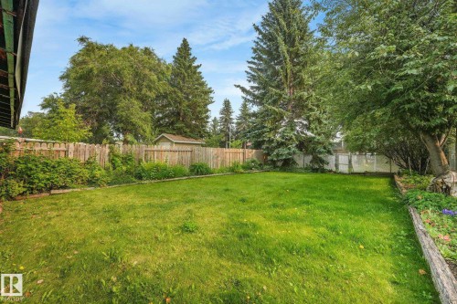 Spacious backyard featuring a large grass lawn, perimeter wood fencing, mature trees, a garden bed with timber borders, and a detached storage shed - 4135 134 Avenue Nw, Edmonton, AB - Outdoor With Backyard
