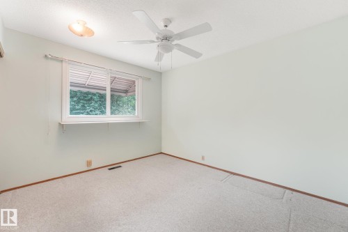Carpeted room with a ceiling fan, a window with exterior foliage, and light green walls - 4135 134 Avenue Nw, Edmonton, AB - Indoor Photo Showing Other Room