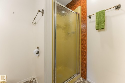 Frosted glass shower enclosure with bronze-toned hardware and patterned wall tile - 4135 134 Avenue Nw, Edmonton, AB - Indoor Photo Showing Bathroom