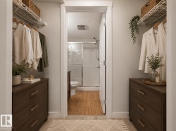 Walk-in closet featuring built-in wire shelving, integrated wood-finish drawer units with gold-tone hardware, and light-toned flooring - 