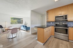 Stainless steel appliances, wood-finish flooring, light wood cabinetry, dark countertop, and mosaic tile backsplash - 