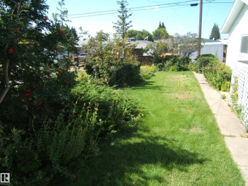 Manicured lawn with mature shrubs and trees, concrete walkway, and white lattice fencing - 5404 49 Street, Two Hills, AB - Outdoor