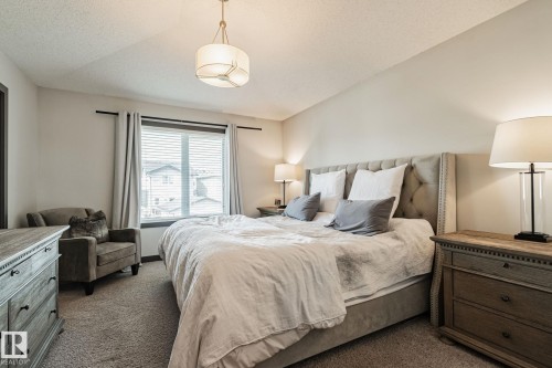 Plush carpeting, a large window with blinds, and a built-in ceiling light fixture - 1337 Secord Landing Nw, Edmonton, AB - Indoor Photo Showing Bedroom