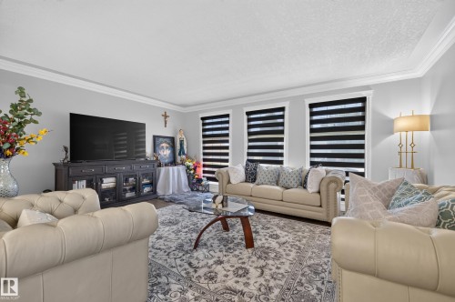 Spacious living area featuring crown molding, neutral wall tones, and multiple windows with layered window treatments - 8632 184 Street Nw, Edmonton, AB - Indoor Photo Showing Living Room