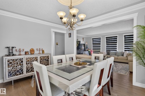 Crown molding, decorative ceiling medallion, and wood-finish flooring - 8632 184 Street Nw, Edmonton, AB - Indoor Photo Showing Dining Room
