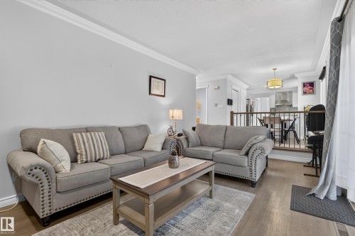 Wood-finish flooring throughout, crown molding, and a partial height wall with a wood railing - 8632 184 Street Nw, Edmonton, AB - Indoor Photo Showing Living Room