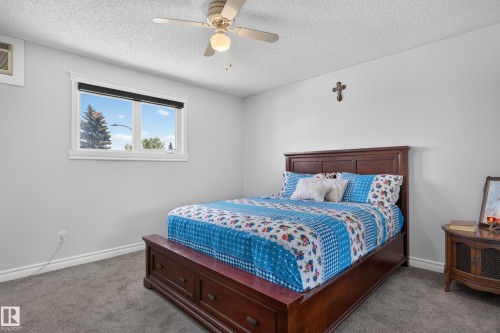 Ceiling fan with integrated lighting, window with black roller shade, light gray wall paint, gray carpet, and white baseboards - 8632 184 Street Nw, Edmonton, AB - Indoor Photo Showing Bedroom