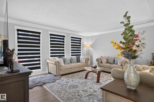 Crown molding accents throughout this living space - 8632 184 Street Nw, Edmonton, AB - Indoor Photo Showing Living Room