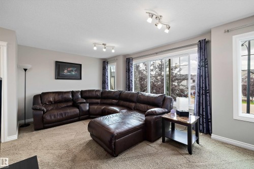 Light gray wall paint, track lighting, white trim, and multiple large windows - 3922 Agar Court Sw, Edmonton, AB - Indoor Photo Showing Living Room
